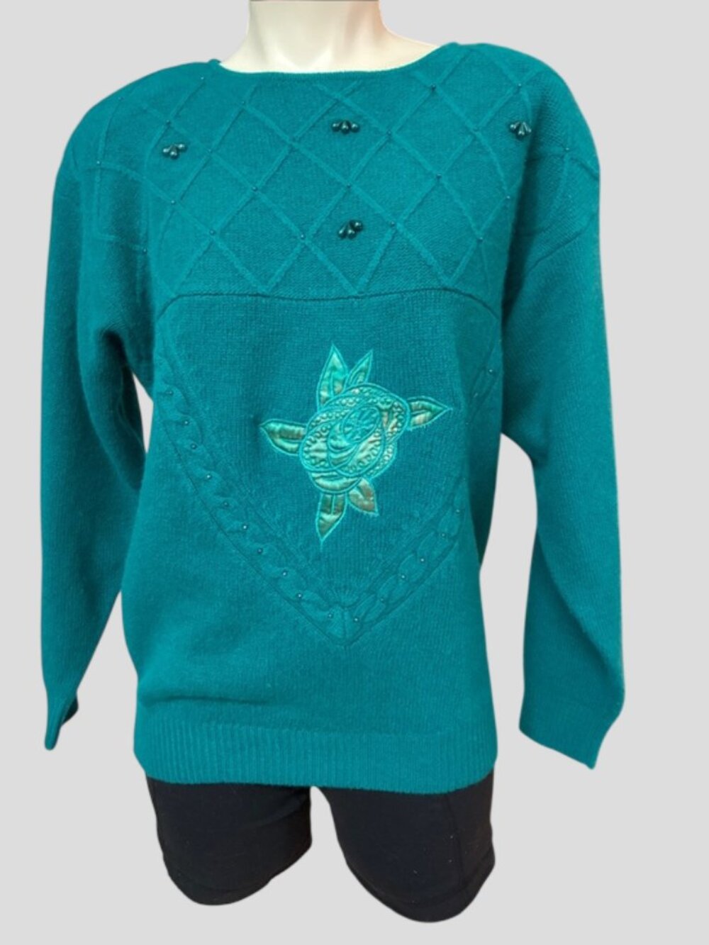 Vintage Lara Ferrante Teal Knit Sweater 80s 90s Beaded Quilted Floral Applique M
